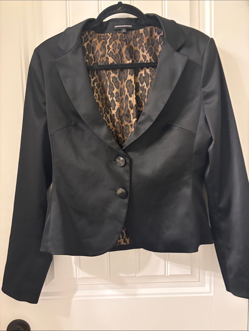 Express Black Satin Blazer with Leopard-Print Lining